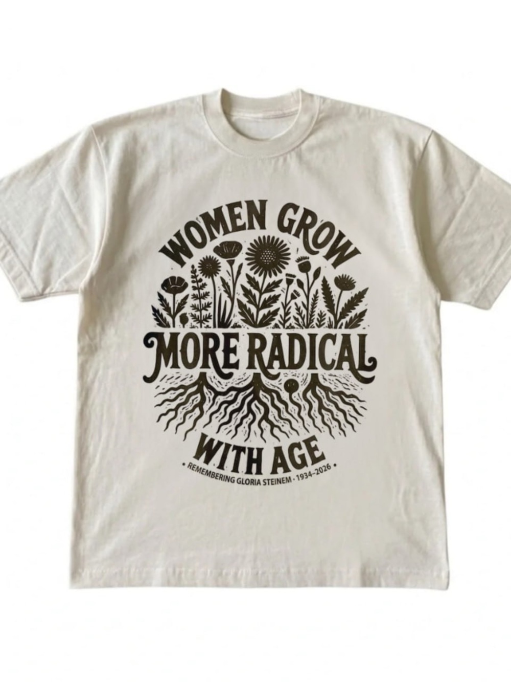 White Tee with Black Botanical "More Radical" Graphic